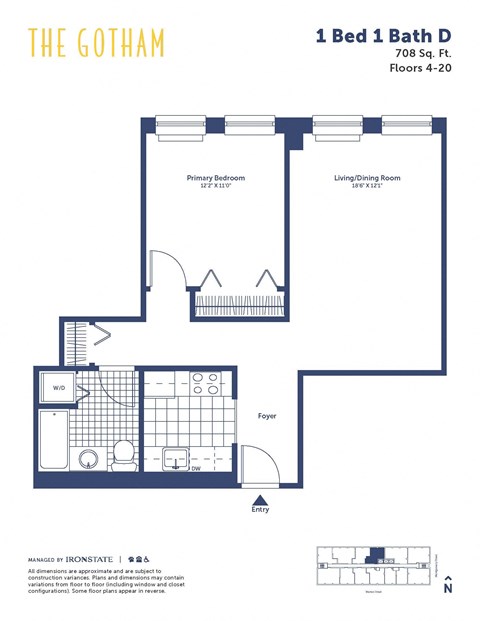 Floor plan for 1 bed, 1 bath, 708 sqft